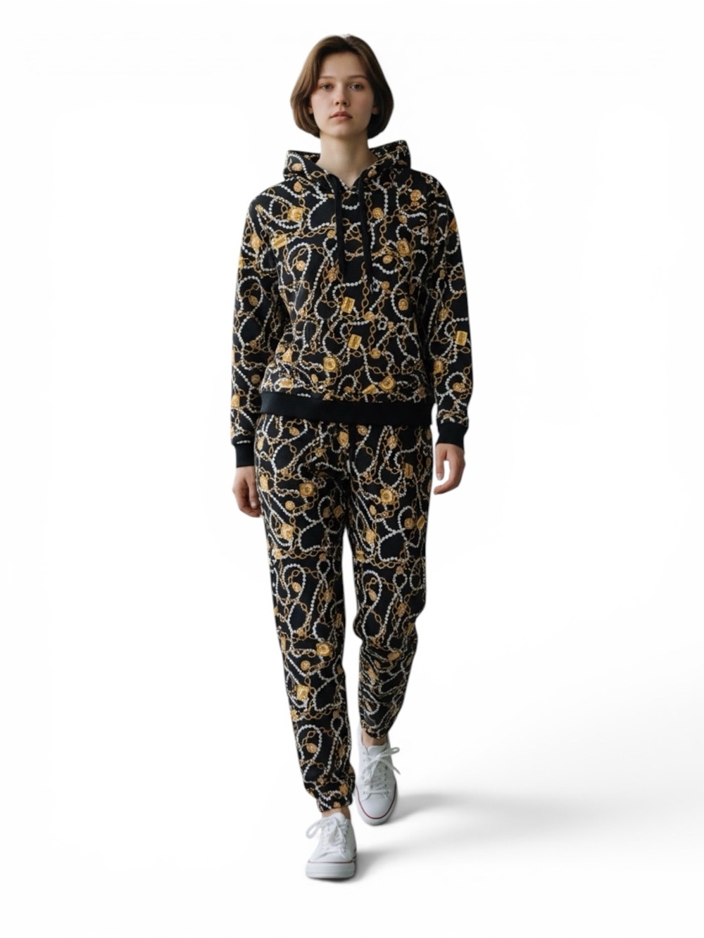 Love Moschino Black Cotton Hoodie and Pants set  with Gold Chain and Pearl Print